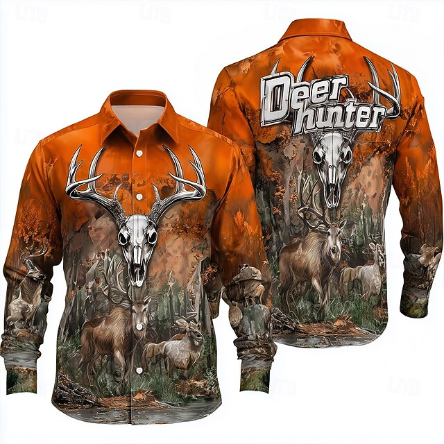 Men's Camo Camouflage Deer Shirt Button Up Shirt Long Sleeve Vintage Retro Outdoor Camping & Hiking Hunting Spring Fall Turndown 3D Print Collared Shirts Orange4