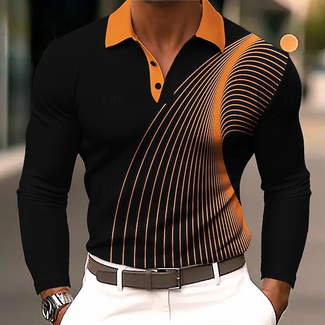  Herr Geometrisk Linje Polo Långärmad Polotröjor Kavajslag Business Casual Fritids- Dagliga kläder 3D-utskrift Knappar Vår Höst Vinter Svart Blå Orange