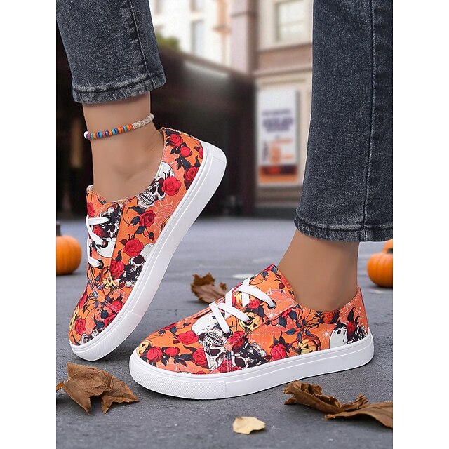  Calavera naranja de Halloween para mujer &Zapatillas de lona con estampado de rosas y calabazas: zapatos casuales con cordones para la calle en otoño &fiestas de disfraces