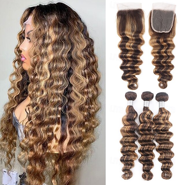  3 fasci di capelli umani con mèches p4/27, extension di capelli umani sciolti e profondi con chiusura 4*4 per donne nere