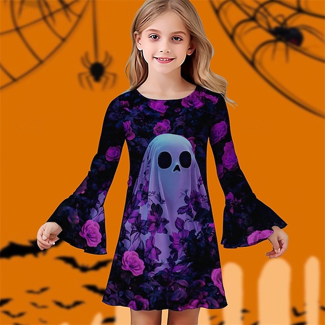  Halloween Dziewczyny ' 3D Duch Sukienka Sukienka z falbanami Długi rękaw Lato Wiosna Urlop Codzienny Święto Piękny Słodkie Dzieci 4-12 lat Codzienne sukienki Do kolan Regularny