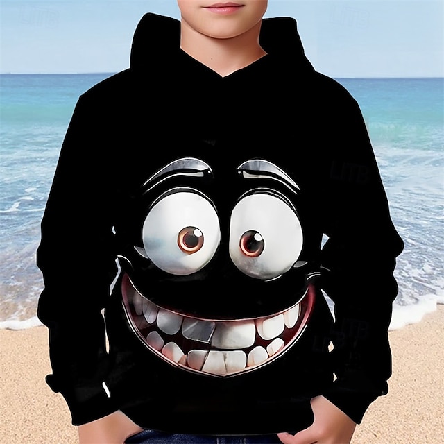  Moletom com capuz estampa 3D para meninos, estampa engraçada com sorriso, manga longa, moda outono inverno, streetwear, crianças de 4 a 12 anos, com capuz, casual, para atividades ao ar livre, ajuste