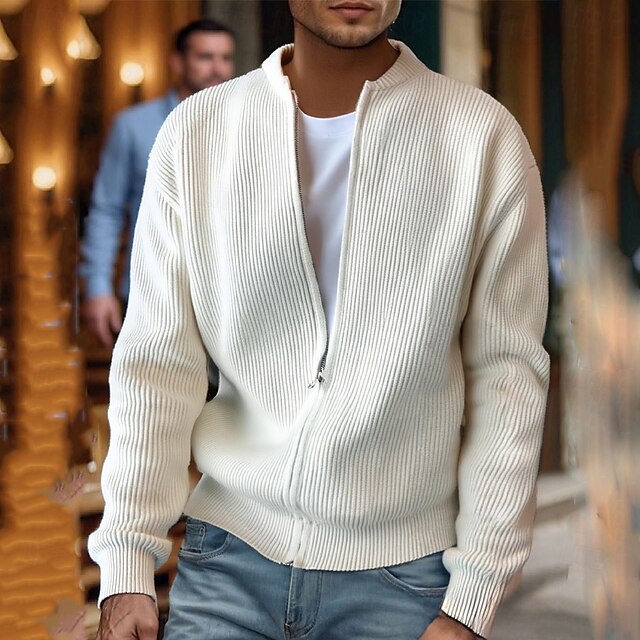 Men's Cardigan Sweater Cropped  Sweater Zip Sweater Knit Sweater Ribbed Knit Regular Tops Pocket Plain Stand Collar Fashion Classic Vacation Daily Wear Clothing Apparel Fall Winter Black Beige M L XL4
