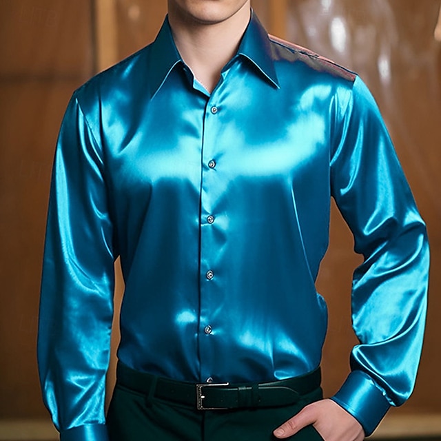  Per uomo Camicia Come la seta Camicia in raso Camicia elegante Camicia casual Camicia con Bottoni Semplice Formale Affari Nero Bianco Giallo Rosso Manica Lunga Bavero Primavera & Autunno Tutte le