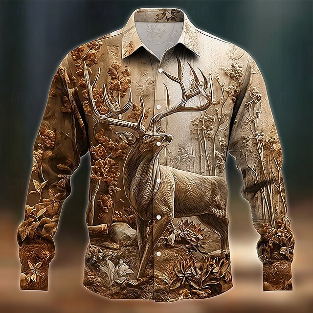 Men's Reindeer Nature Forest Shirt Button Up Shirt Long Sleeve Vintage Retro Outdoor Camping & Hiking Hunting Spring Fall Turndown 3D Print Collared Shirts Brown4