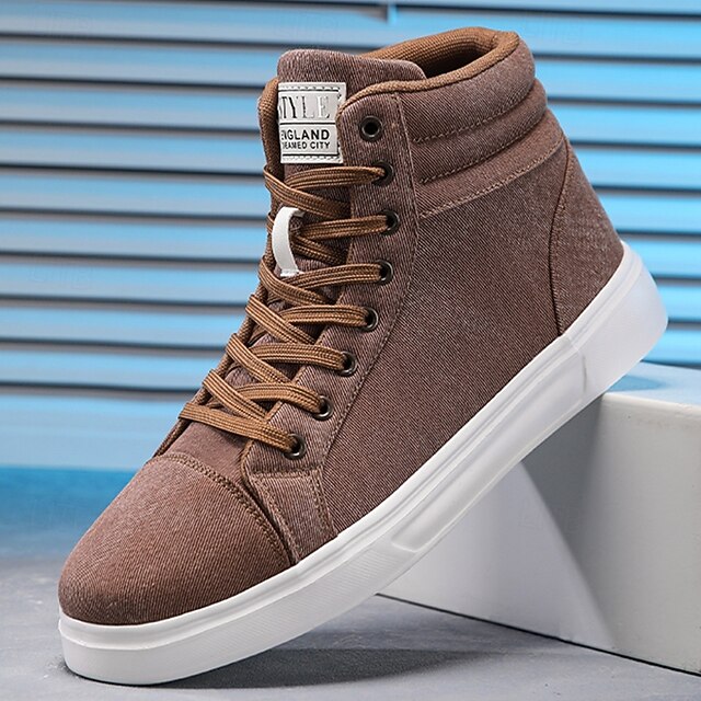 tênis masculino de cano alto em tecido marrom, calçado casual confortável com cadarço para escola, viagens e atividades ao ar livre