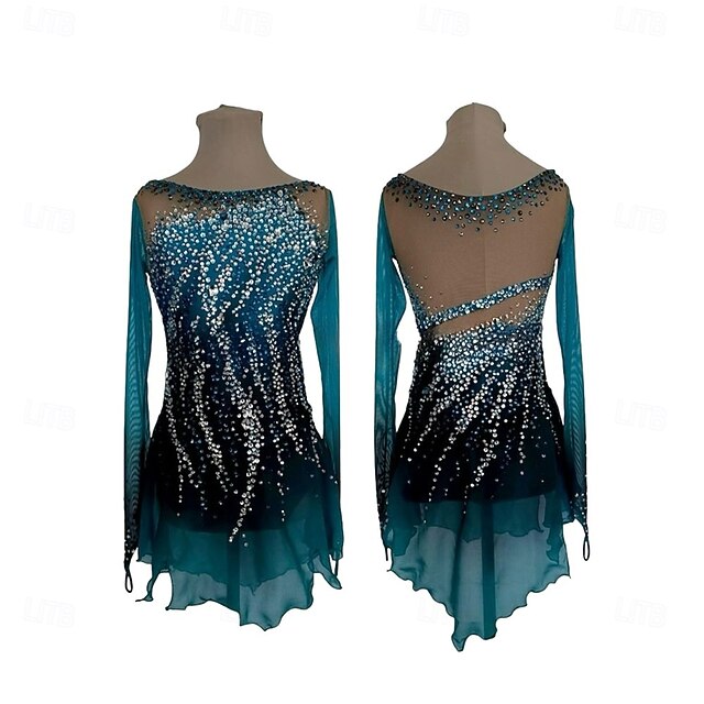Figure Skating Dress Women's Girls' Ice Skating Dress Black+Blue Patchwork Thumbhole Mesh Spandex High Elasticity Training Competition Skating Wear Classic Crystal / Rhinestone Long Sleeve Ice2