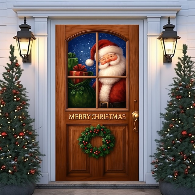 Housse De Porte Décorative Noël - 90x210 Cm, Polyester, Motif Festif, Pour Intérieur/Extérieur - 3