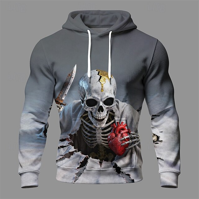 Halloween Men's Skull Hoodie Fashion Daily Hooded Vacation Party Streetwear Gray Drawstring Pocket Printing Fall Winter Designer4