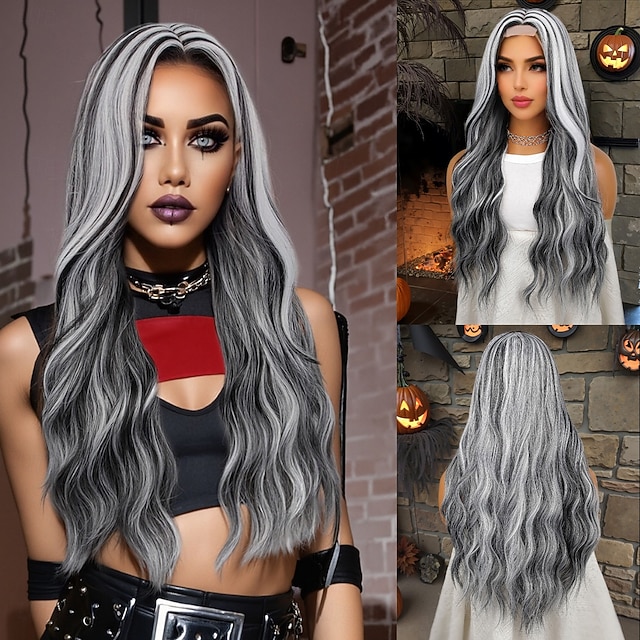  Synthetic Lace Wig Curly Style 26 inch Mixed Color Middle Part U Part Wig Women's Wig Black & White