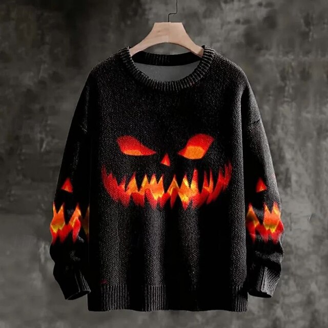 Men's Pullover Sweater Jumper Knit Sweater Ribbed Knit Regular Tops Knitted Print Pumpkin Crew Neck Halloween Vacation Daily Wear Clothing Apparel Drop Shoulder Fall Winter Black S M L3