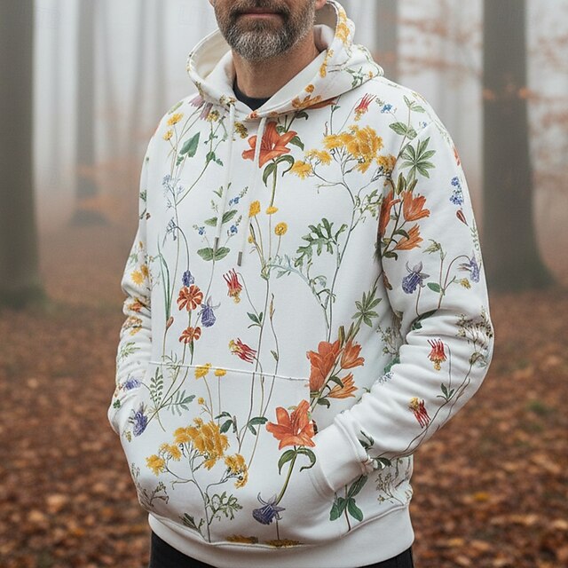 Halloween Men's Boho Paisley Damask Flower / Floral Hoodie Fashion Daily Hooded Vacation Party Streetwear White Green Printing Fall Winter Designer3