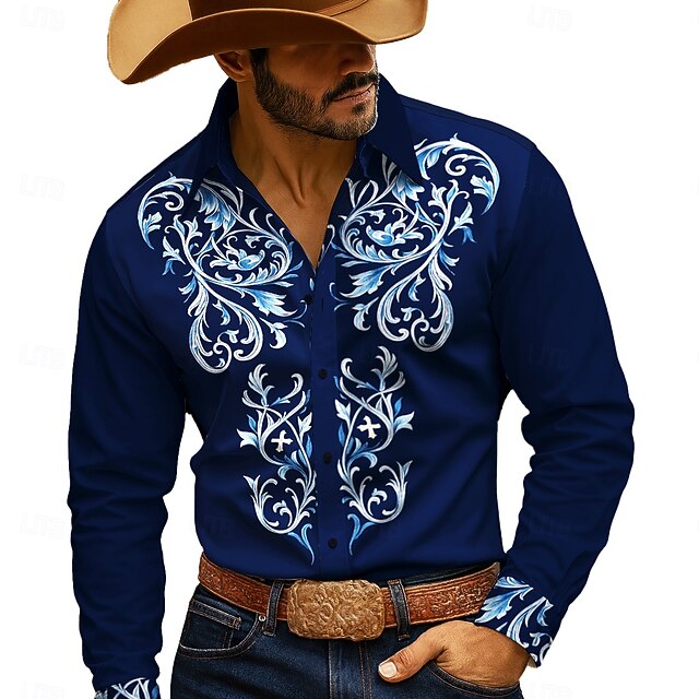 Men's Floral Print Ethnic Flowers Shirt Western Shirt Button Up Shirt Long Sleeve Vintage Retro Outdoor Casual WorkWear Spring Fall Turndown 3D Print Collared Shirts Dark Blue4