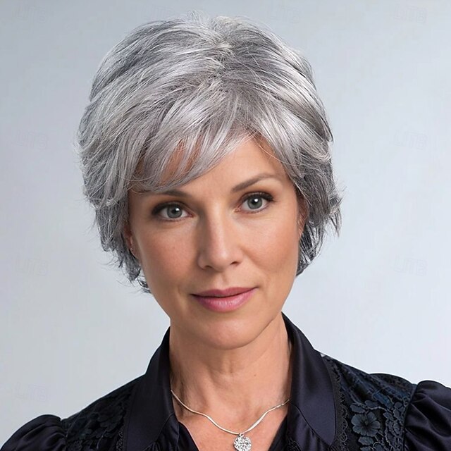 Women’s Short Silver Grey Layered Wig with Bangs Natural Looking Realistic Synthetic Hair Heat Resistant Elegant Daily Wear Fashion Style4