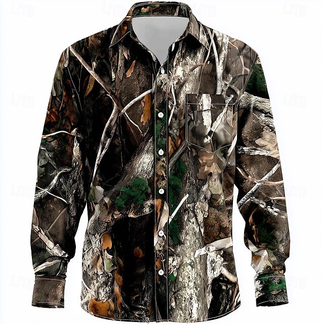 Men's Camo Camouflage Shirt Button Up Shirt Long Sleeve Vintage Retro Outdoor Camping & Hiking Hunting Spring Fall Turndown 3D Print Front One Pocket Linen Like Shirt Black4