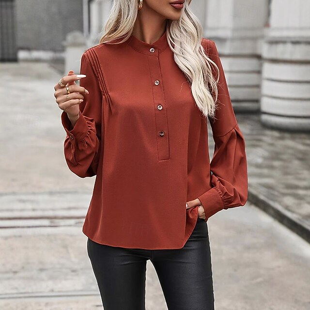 Women's Shirt Dressy Blouse Plain Elegant Stylish Long Sleeve High Neck Regular Tops Work Holiday Going out Ruched Buttons Brown Spring Fall4