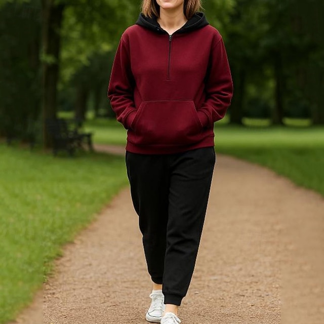  Per donna Felpe con cappuccio da salotto Tute in pile con tasca Tinta unita Completo Abbigliamento Autunno & Inverno Nero Rosso Palestra All'aperto Corsa Antivento Caldo Manica Lunga Sport