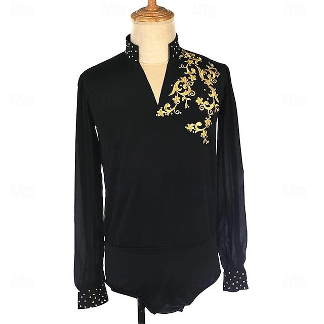  Figure Skating Top Men's Boys' Ice Skating Tops Black Patchwork Spandex High Elasticity Training Competition Skating Wear Classic Crystal / Rhinestone Long Sleeve Ice Skating Figure Skating