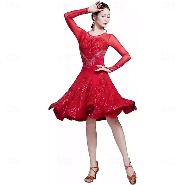  Latin Dance Dress Splicing Women's Performance Training Theme Party Long Sleeve 100% Cotton