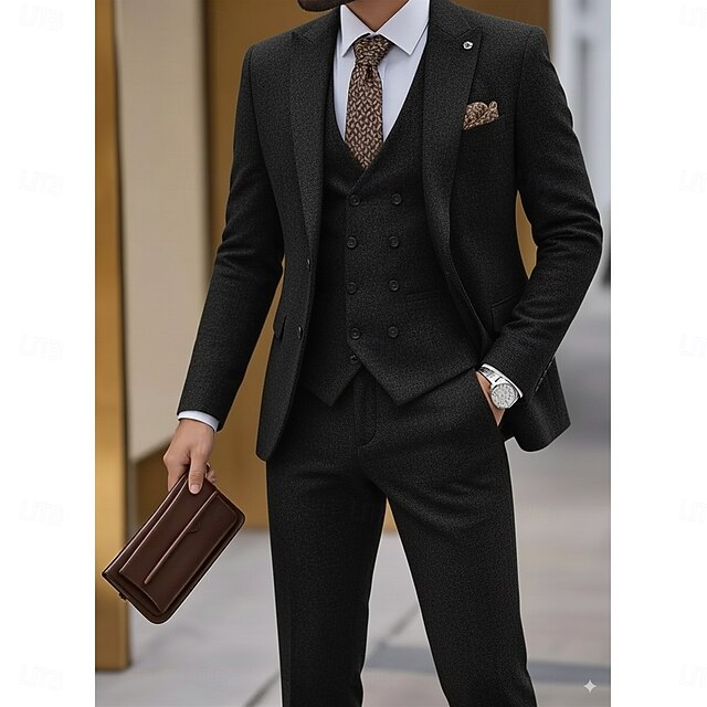 Men's Wedding Party Tweed Suits Peaked Lapel Black Brown Daily Solid Colored Tailored Fit 3 Piece Single Breasted Two-buttons3