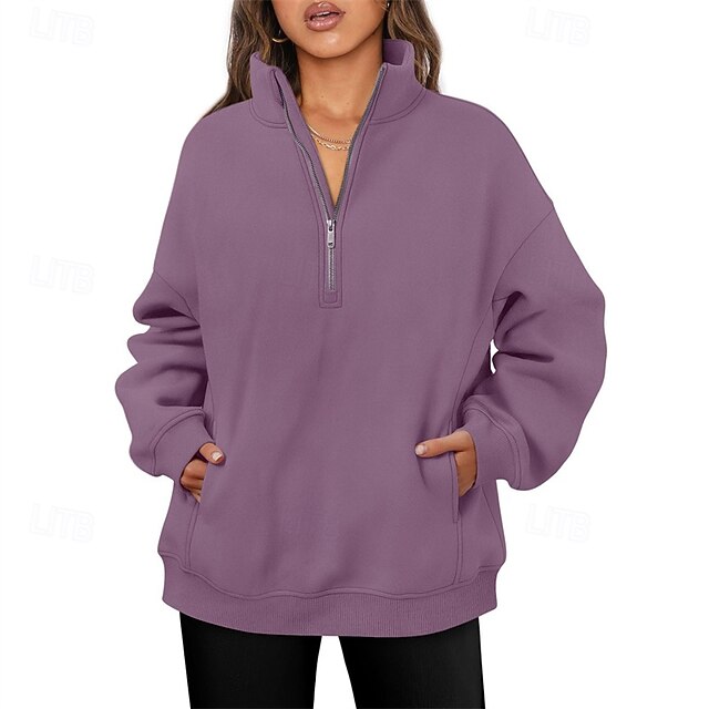 Women's Pullover Sweatshirts Zip Up Sweatshirts Plain Sports Fashion Casual Long Sleeve High Neck Regular Tops Street Dailywear Going out Half Zipper Quarter Zipper Zipper Purple Fall Winter4