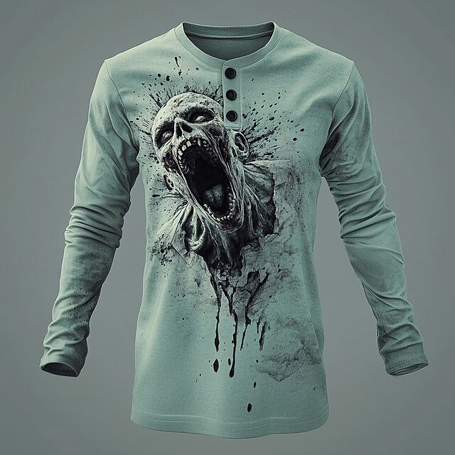 Men's Halloween Zombies Henley Shirt Long Sleeve Fashion Cute Daily Casual Holiday Going out Spring &  Fall Green Henley Henley T-Shirt4