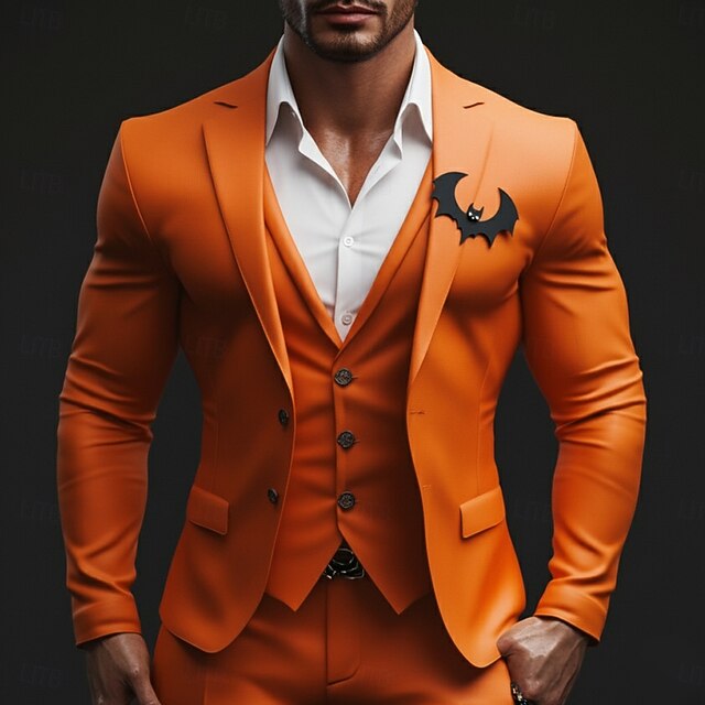 Men's Halloween Casual Party Suits Notch Lapel Orange Party Casual Solid Colored Slim Fit 3 Piece Single Breasted Two-buttons4