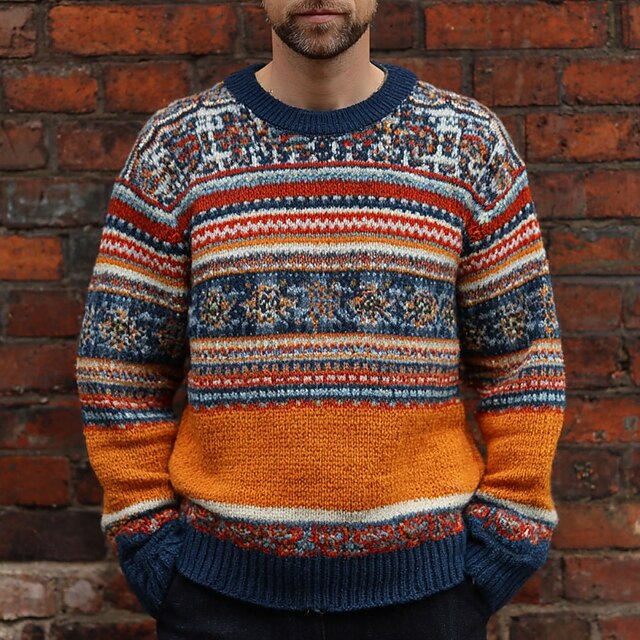 Christmas Men's Fair isle Sweater Pullover Sweater Jumper Knitwear Crewneck Casual Vacation Daily 3D Print Keep Warm Long Sleeve Spring Fall Winter Orange4