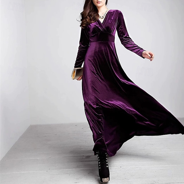  Damen Midikleid Samtkleid Cocktailkleid Elegant Mode Modern Outdoor Party Party-Abendmode Normale Passform Einfach Langarm V Ausschnitt Schwarz Wein Blau Grün Frühling Herbst