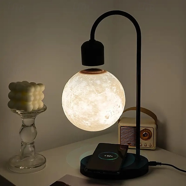  Magnetic Levitation Moon Lamp Desktop Lamp 15W Wireless Phone Charger 3-Color Adjustable 3D Touch-Sensitive Moonlight Ambient Night Light