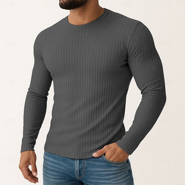 Men's Muscle Fit T Shirt Ribbed Knit Slim-Fit Tee Top Long Sleeve Crew ...