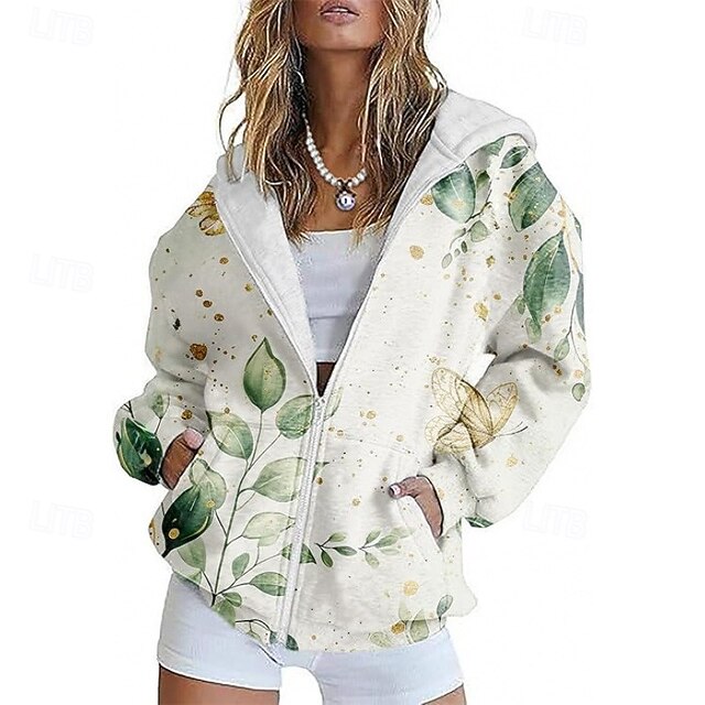 Women's Casual Jacket Comfortable Pocket Print Sports Fashion Outdoor Flower Casual Daily Weekend Zipper Regular Hooded Regular Fit Long Sleeve Outerwear Blue Green Dark Gray Spring Fall4