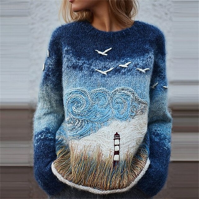Women's Sweater Pullover Daily Casual Graphic Ribbed Crew Neck Knitted Print Long Sleeve Regular Tops Knit Outdoor Weekend Blue Fall Winter4