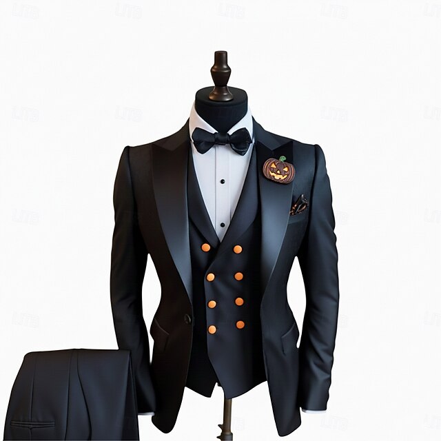 Men's Halloween Casual Party Suits Notch Lapel Black Party Casual Solid Colored Tailored Fit 3 Piece Single Breasted One-button4