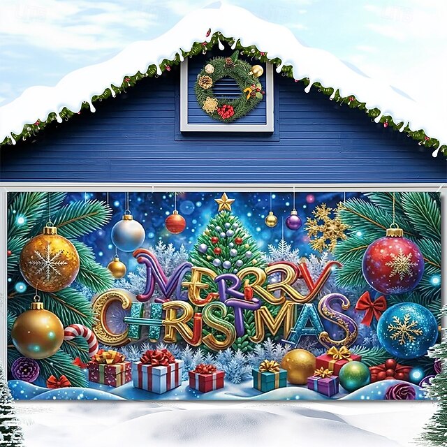 Christmas Garage Door Cover 2025 Xmas Ornaments Baubles and Snowflakes Merry Christmas Banner, Holiday Outdoor Garage Backdrop for Yard Party Decoration3