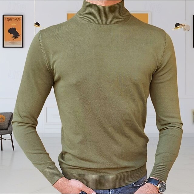 Men's Sweater Pullover Sweater Jumper Ribbed Knit Regular Tops Knitted Slim Fit Plain Turtleneck Knitwear Contemporary Casual Daily Wear Clothing Apparel Fall Army Green M L XL4