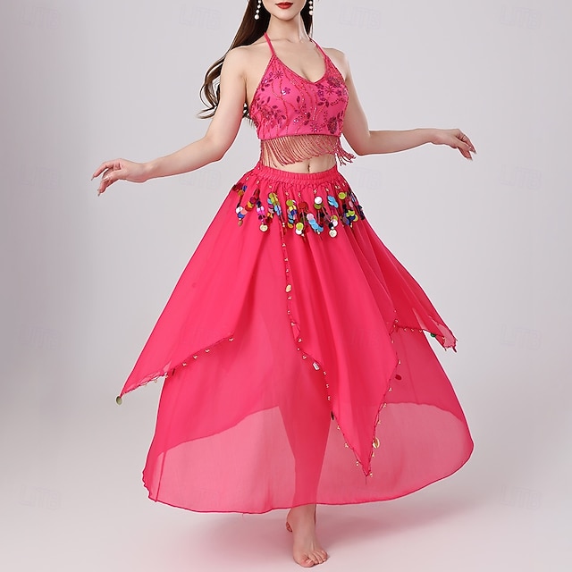 Belly Dance Latin Dance Skirts Fringed Tassel Pure Color Splicing Women‘s Training Performance High Spandex