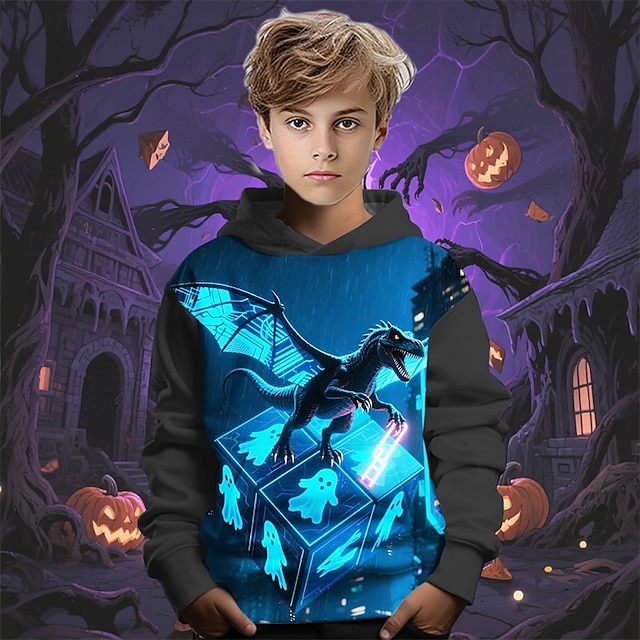  Halloween Pojkar 3D Dinosaurie Spöke Huvtröja Långärmad Vår Höst Mode Streetwear Barn 4-12 år Huva Utomhus Ledigt Dagligen Normal