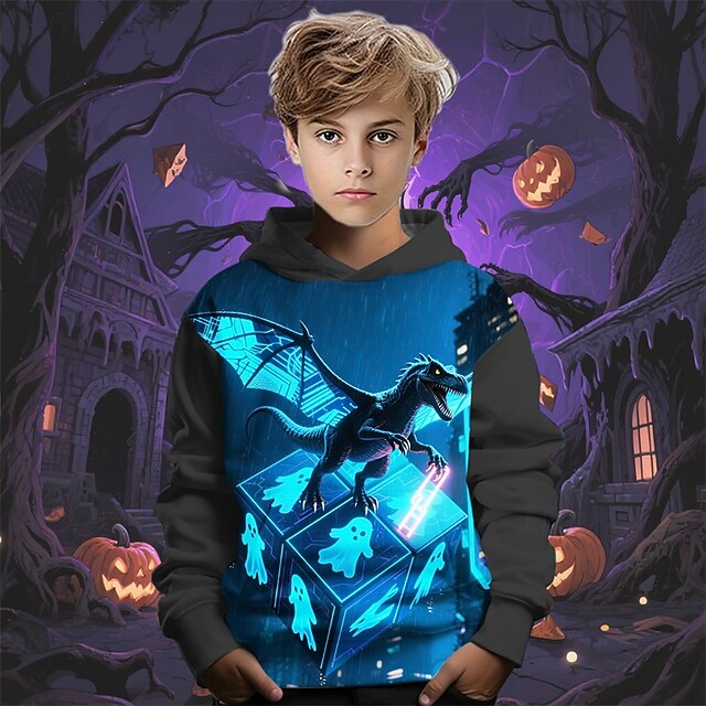 Halloween Boys' 3D Dinosaur Ghost Hoodie Long Sleeve Spring Fall Fashion Streetwear Kids 4-12 Years Hooded Outdoor Casual Daily Regular Fit4
