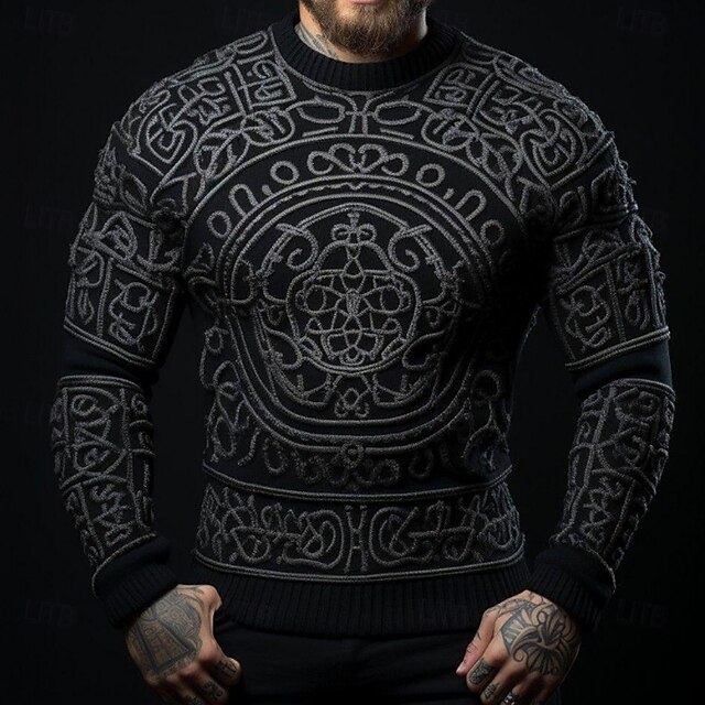 Men's Viking Pullover Sweater Jumper Knitwear Crewneck Retro Vintage Casual Vacation Daily 3D Print Keep Warm Long Sleeve Spring Fall Winter Black4