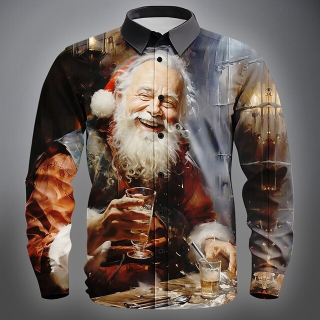 Christmas Men's Santa Claus Christmas Costume Shirt Button Up Shirt Long Sleeve Vintage Retro Outdoor Holiday Spring Fall Turndown 3D Print Linen Like Shirt Black4