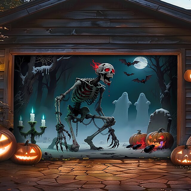 Halloween Garage Door Cover Large Hanging Backdrop Skeleton Pumpkin 3D Dark Punk Gothic Style Party Outdoor Shooting Backgrounds Yard Haunted House Home Decor4