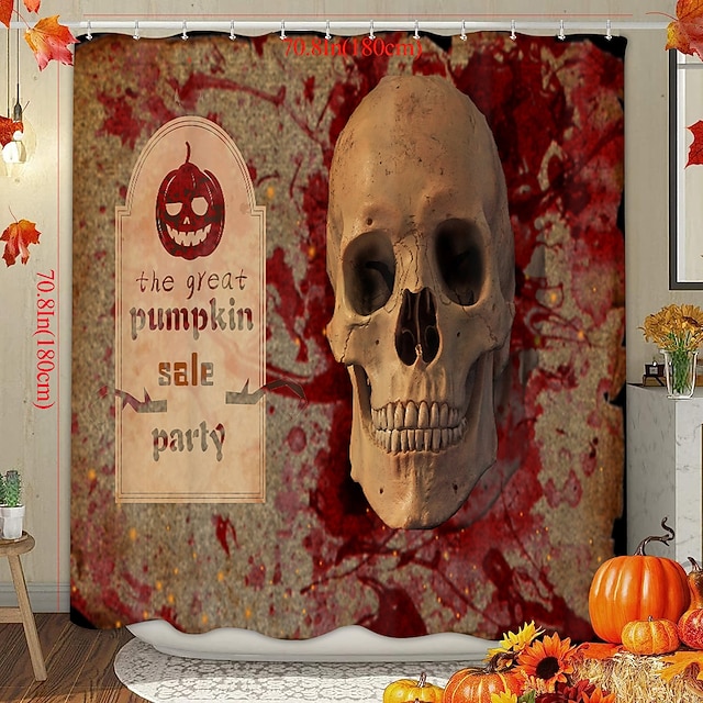  Rideaux de douche d'Halloween, motif crâne effrayant, squelette, fantôme, citrouille, tissu polyester imperméable, décoration de salle de bain avec 12 crochets, décoration de maison hantée effrayante pour les vacances