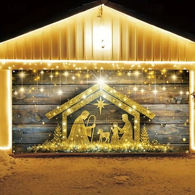 Christmas Garage Door Cover 2025 Xmas Nativity Scene with Holy Family Backdrop Banner, Holiday Outdoor Garage Decoration for Church, Yard and Party3