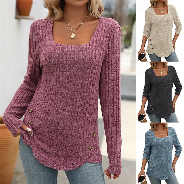  Femmes T-shirt Uni Élégant Mode Basique manche longue Col carré Hauts Réguliers Quotidien Week-end Patchwork Noir Bleu Violet Vert Blanc Ecru Printemps Automne Hiver