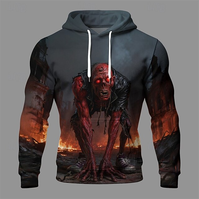 Halloween Men's Skull Monster Hoodie Fashion Daily Hooded Vacation Party Streetwear Dark Gray Drawstring Pocket Printing Fall Winter Designer4