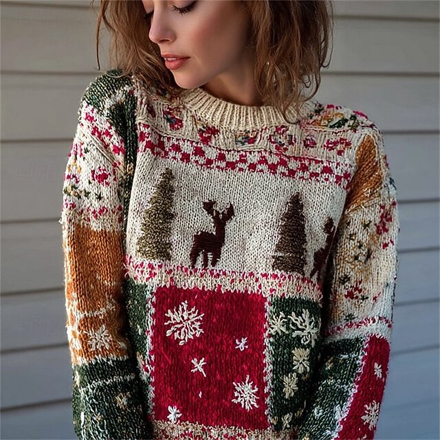 Women's Sweater Pullover Daily Casual Christmas Tree Reindeer Ribbed Crew Neck Knitted Print Long Sleeve Regular Tops Knit Christmas Outdoor Weekend Red Fall Winter4