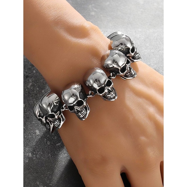  Pulseira masculina de caveira de Halloween – pulseira gótica punk de aço titânio para festas, cosplay e saídas à noite