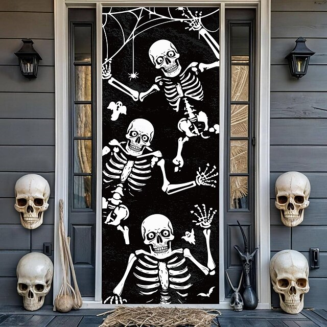 Halloween Door Covers Black And White Skull Spider Web Design Door Tapestry Door Curtain Decoration Backdrop Front Door Banner Farmhouse Holiday Party Indoor Outdoor Scary Halloween Decor Supplies3