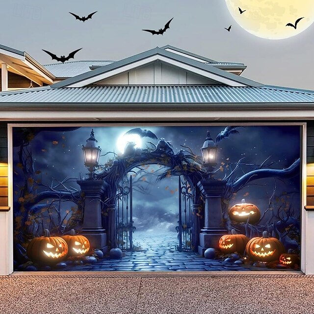 Halloween Garage Door Cover Large Hanging Decoration Horror Backdrop Mural Skeleton Ghost Pumpkin Outdoor Yard Front Porch Wall Party Decorations4